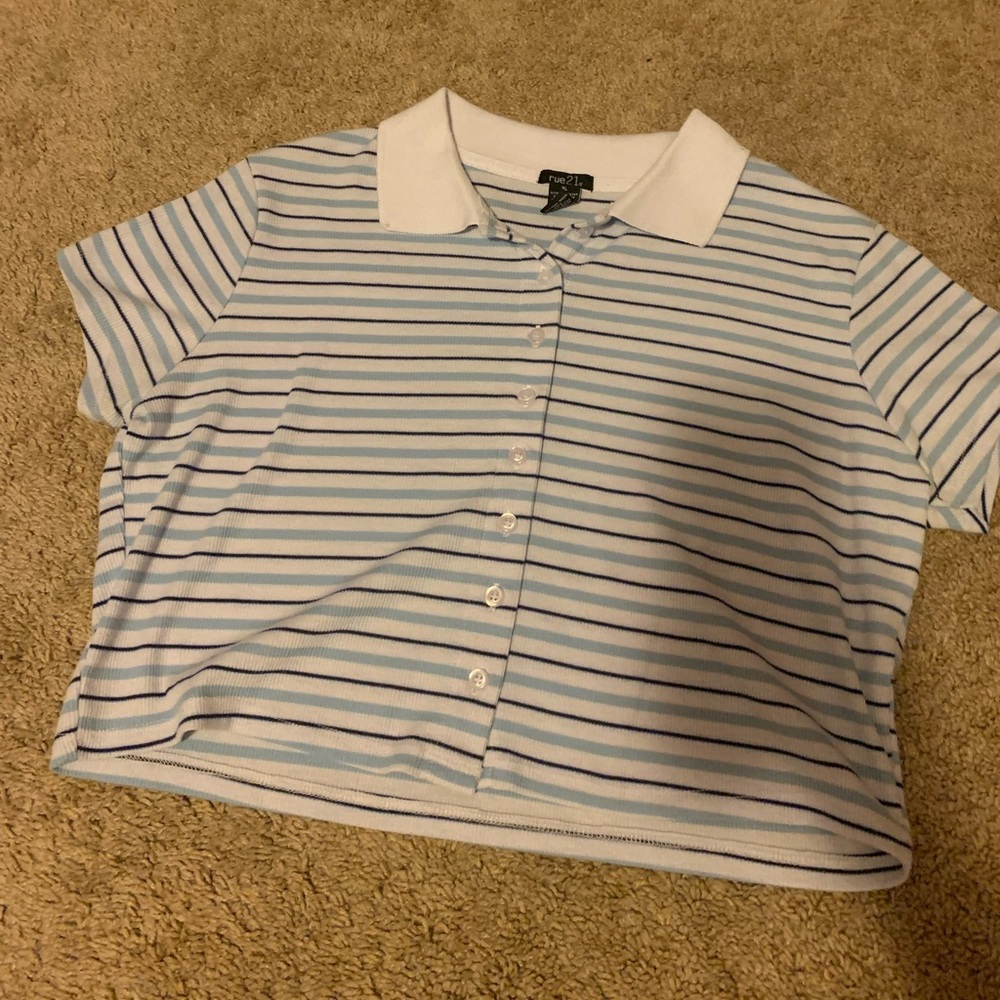 Rue21 cropped collar tee, XL, white with blue stripes, and a button down.